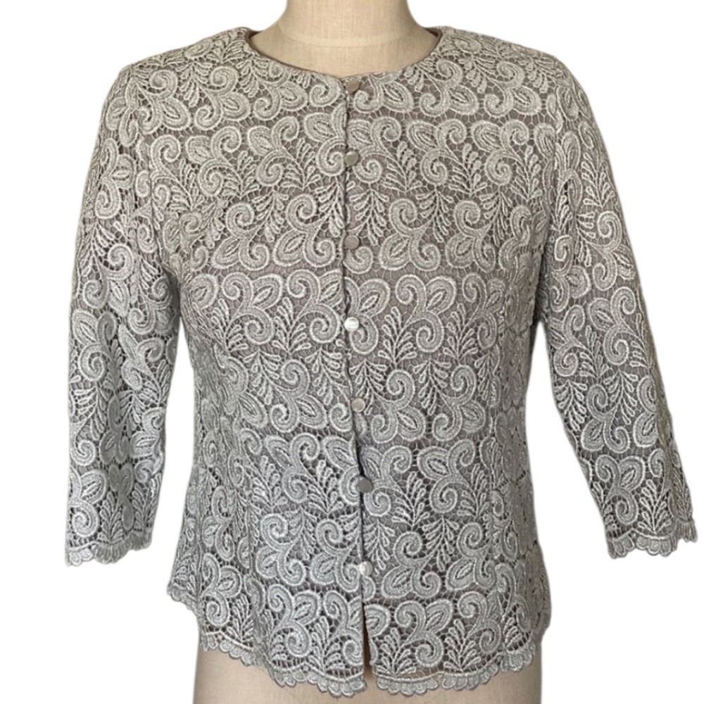 Talbots Silver Metallic Brocade Botanical Paisley Lace Button-Up Jacket Sz